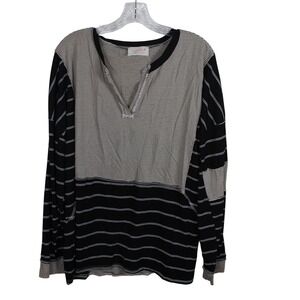 Sugarfox Mixed Stripe Paneled Long Sleeve Split V-Neck Top Black Cream Relaxed